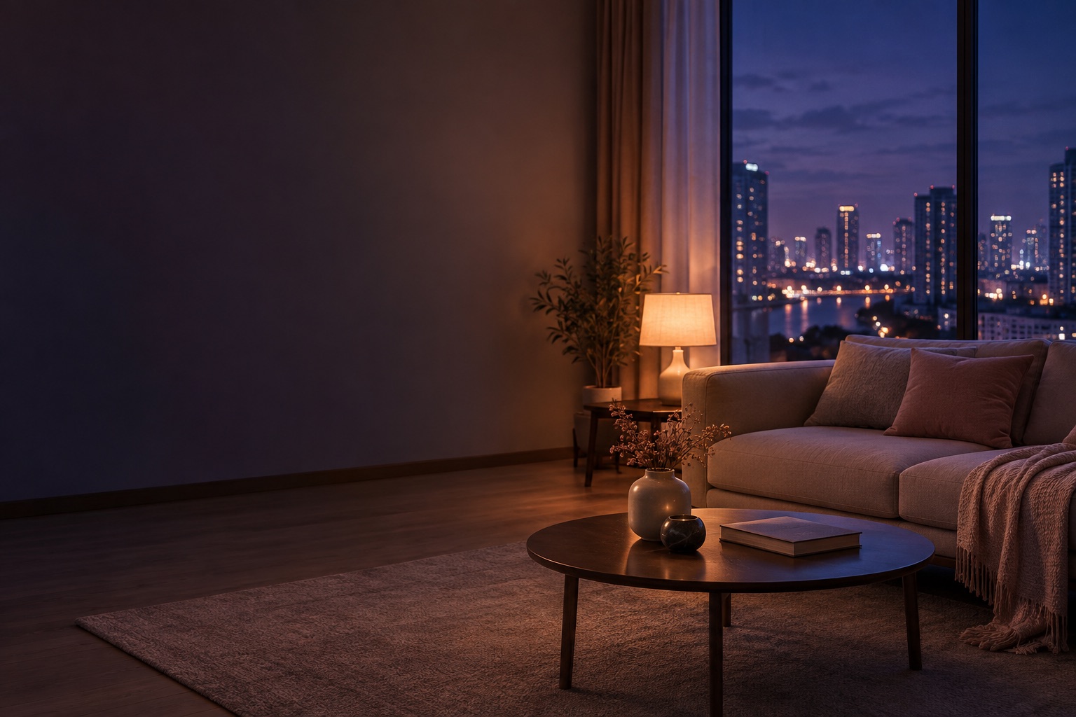 AI 生成的夜间客厅与窗外城市灯光，示意室内柔和光线与夜景氛围
